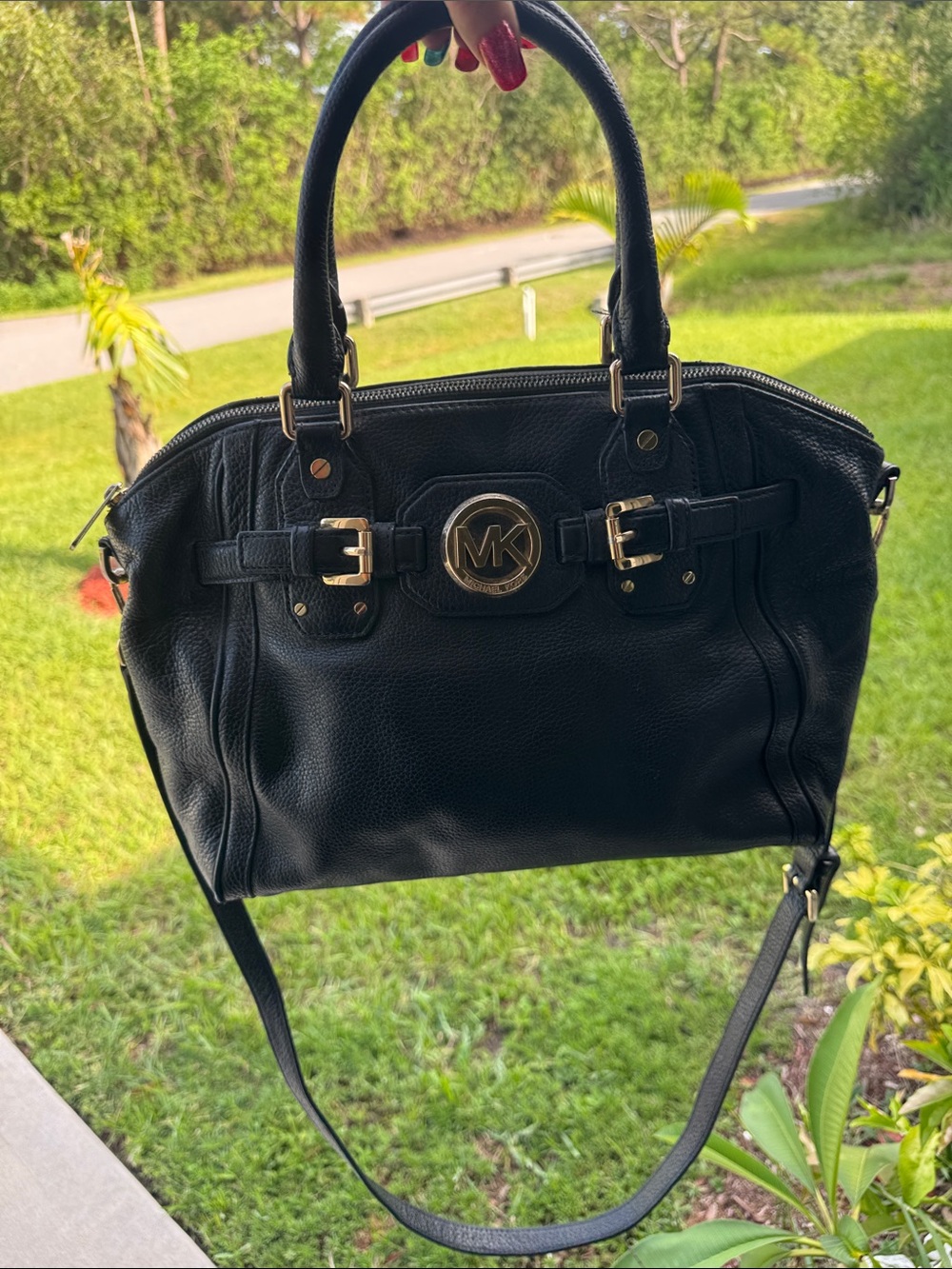 Michael Kors Black Leather Shoulder Satchel with Gold Hardware